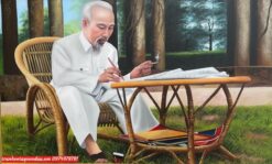 Tranh bác hồ ngồi làm việc nghế mây SV56