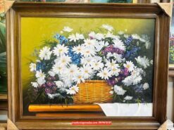 tranh hoa cúc , tranh giỏ hoa cúc khung gỗ Sv21